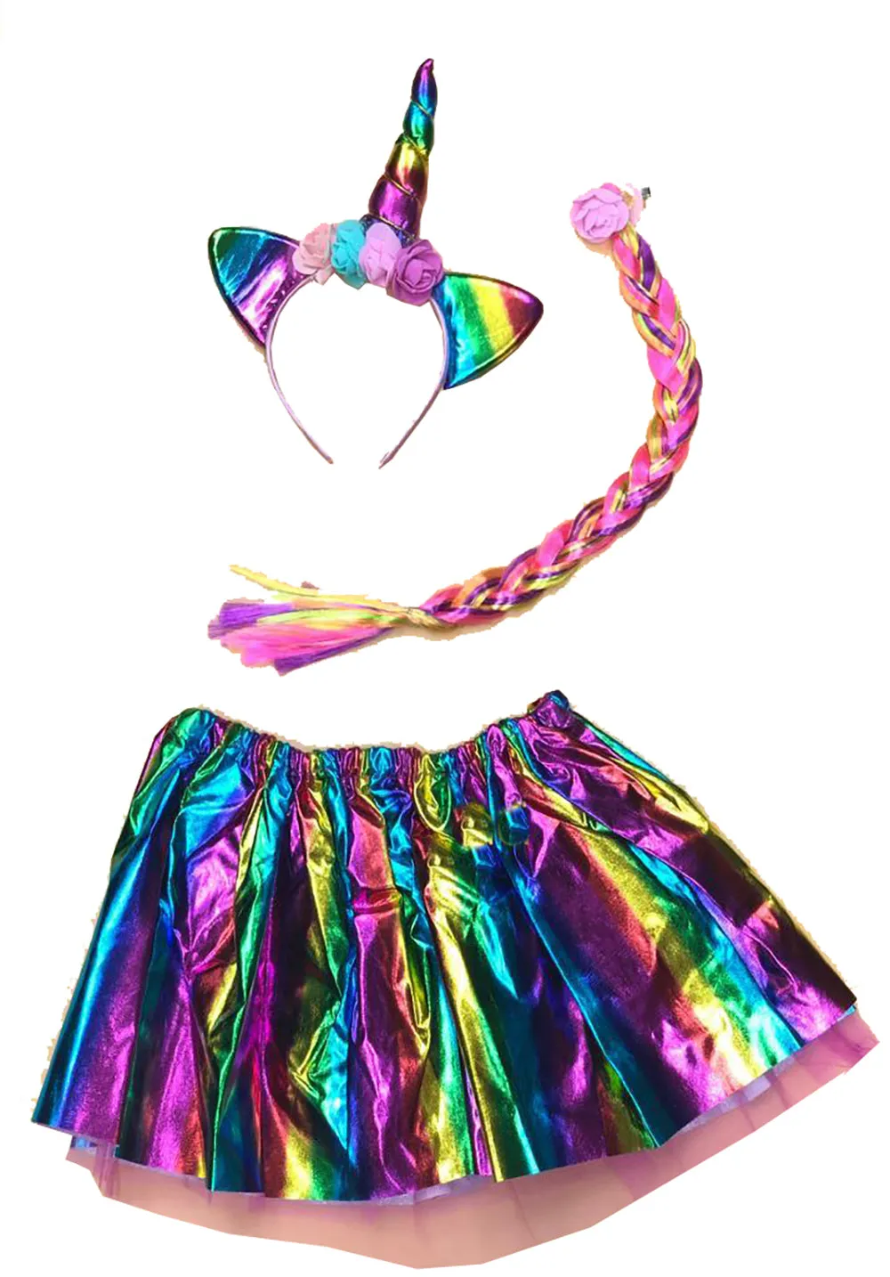 FancyDressWale Unicorn Dress Rainbow Skirt with Braid and Head Band (Free Size 3-7 Years)