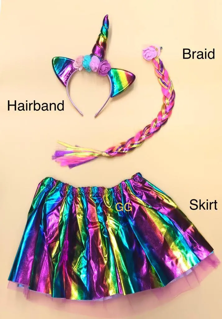 FancyDressWale Unicorn Dress Rainbow Skirt with Braid and Head Band (Free Size 3-7 Years)