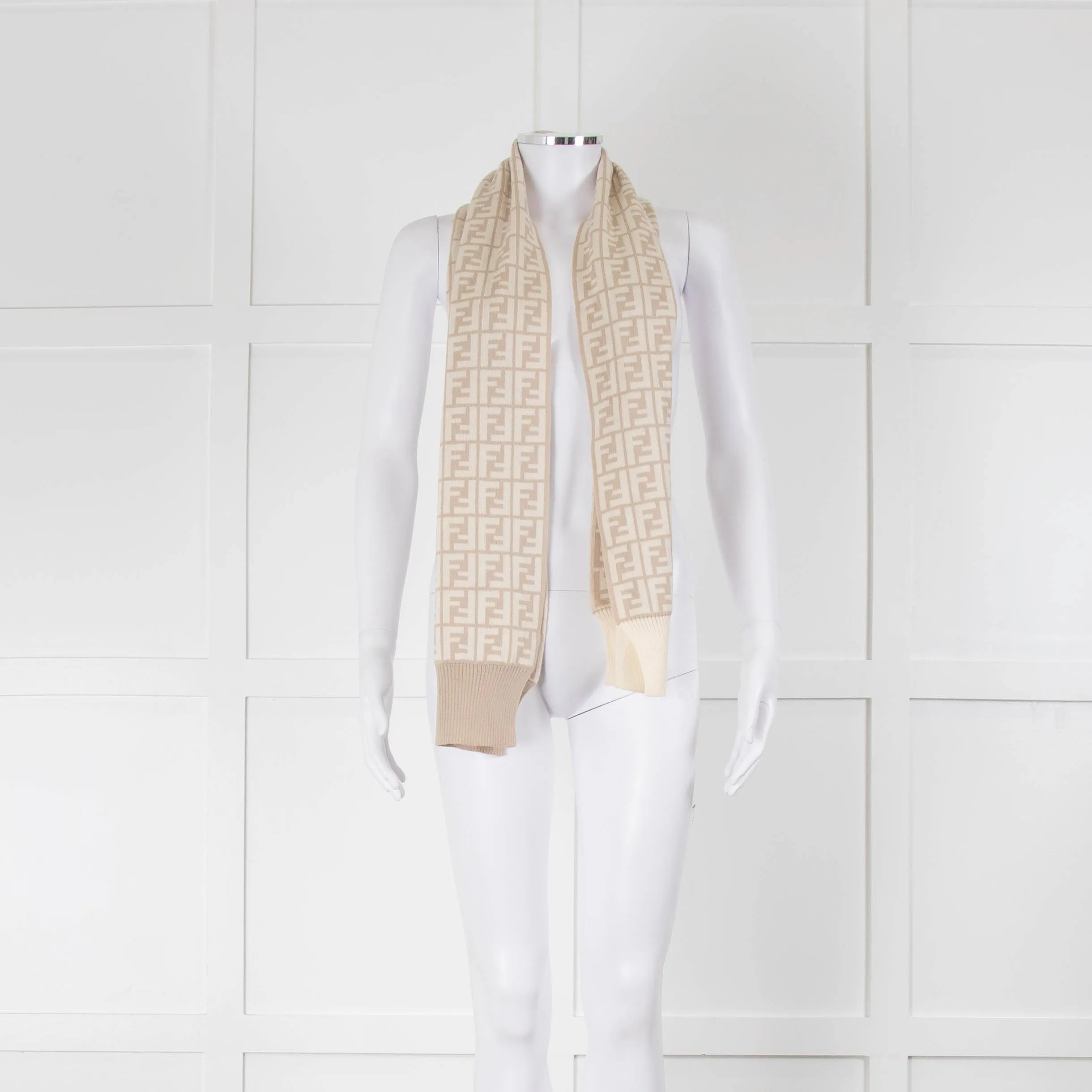 Fendi Cream Beige Logo Wool Scarf