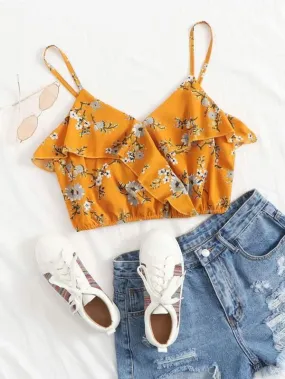 Floral Print Ruffle Trim Crop Cami Top