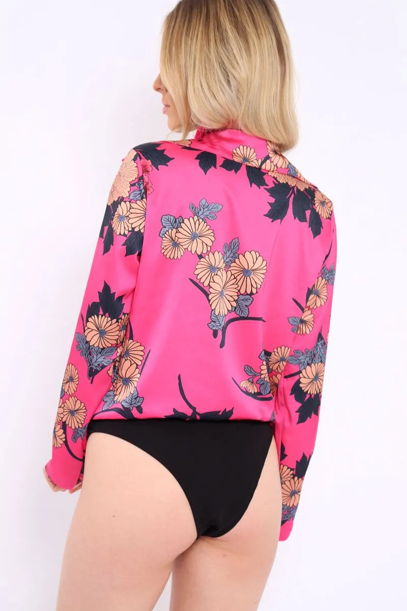 Fuchsia Flower Print Plunge Satin Bodysuit - Madelynn