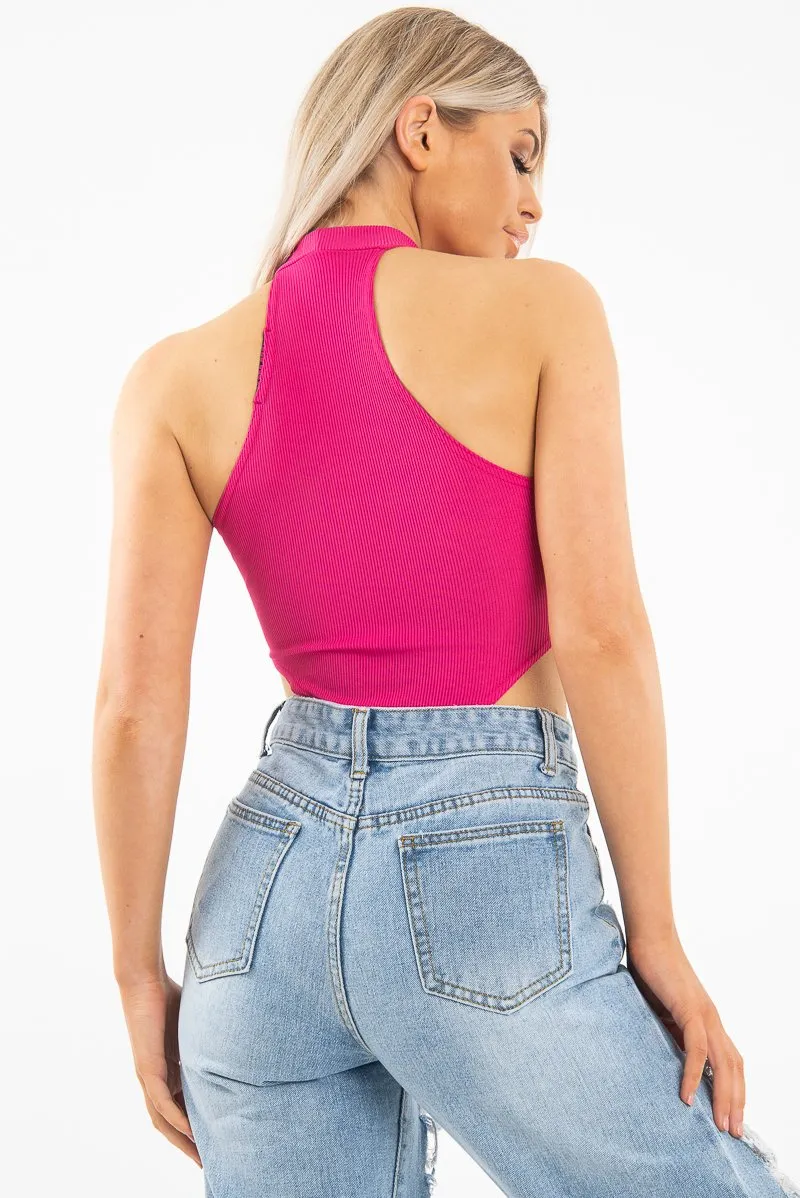 Fuchsia Ribbed High Neck Sleeveless Bodysuit - Electra