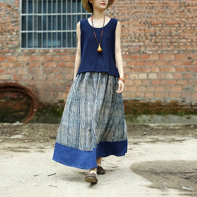 Gaia Beige & Blue Linen Skirt | Zen