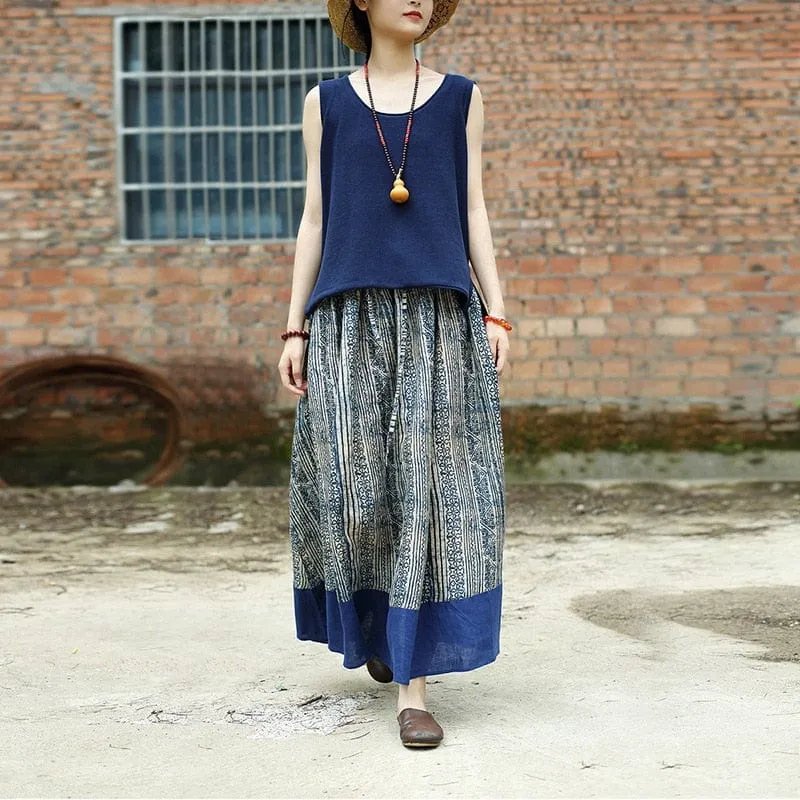 Gaia Beige & Blue Linen Skirt | Zen