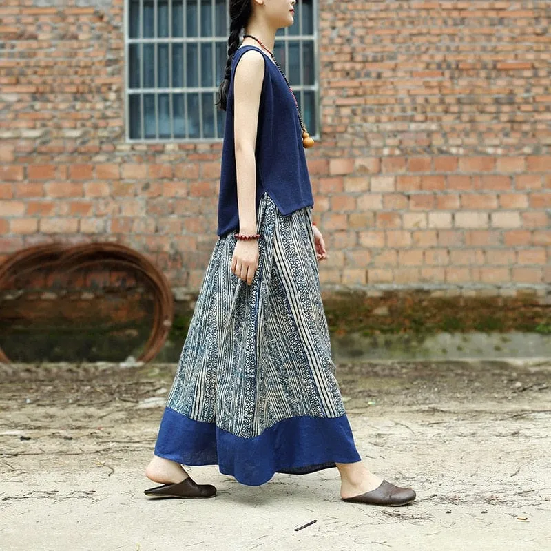 Gaia Beige & Blue Linen Skirt | Zen