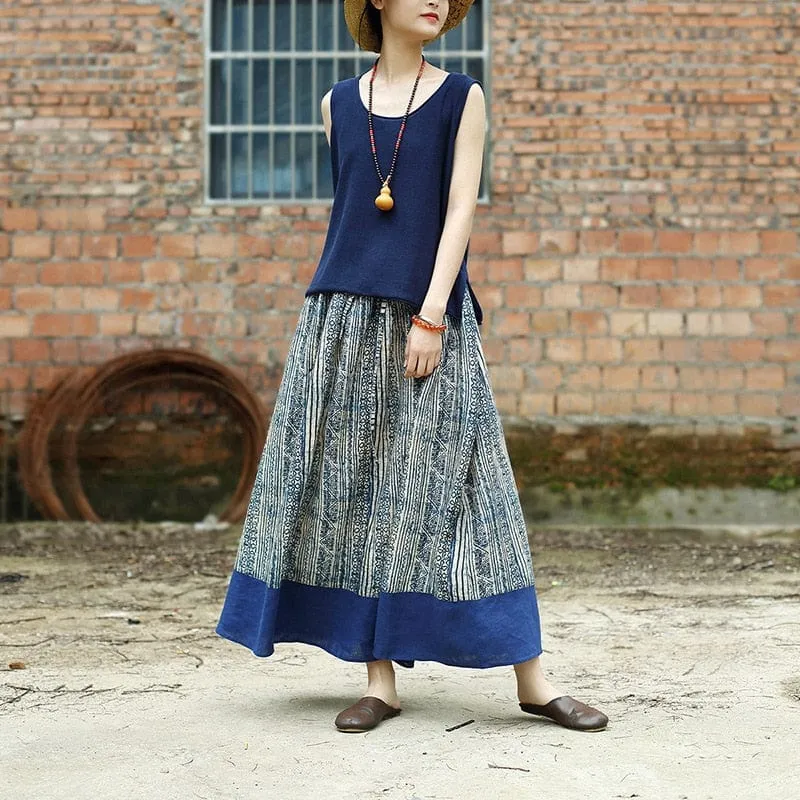 Gaia Beige & Blue Linen Skirt | Zen