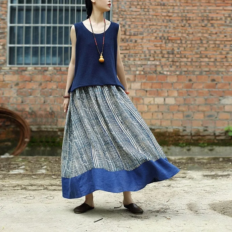 Gaia Beige & Blue Linen Skirt | Zen