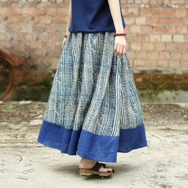 Gaia Beige & Blue Linen Skirt | Zen