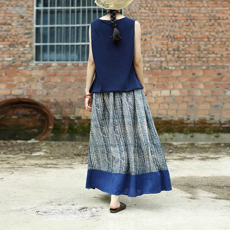 Gaia Beige & Blue Linen Skirt | Zen