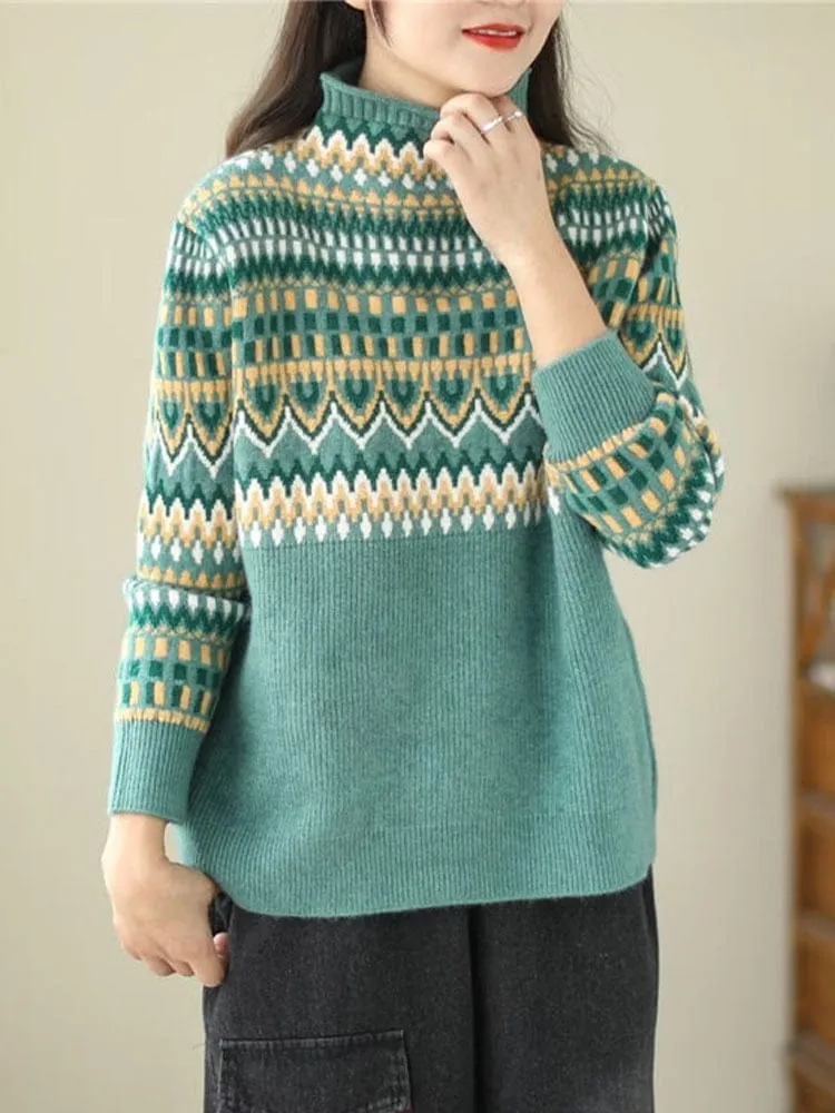 Geometric Print Turtleneck Sweater