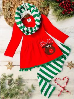 Girls Rudolph Pom Pom Tunic, Striped Leggings and Scarf Set