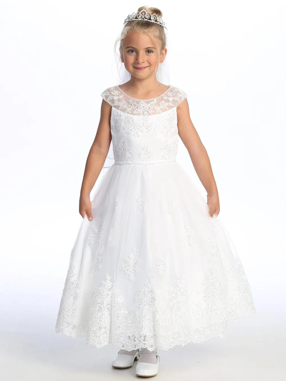 Girls White First Communion Dress w/ Embroidered Tulle & Sequins (725)