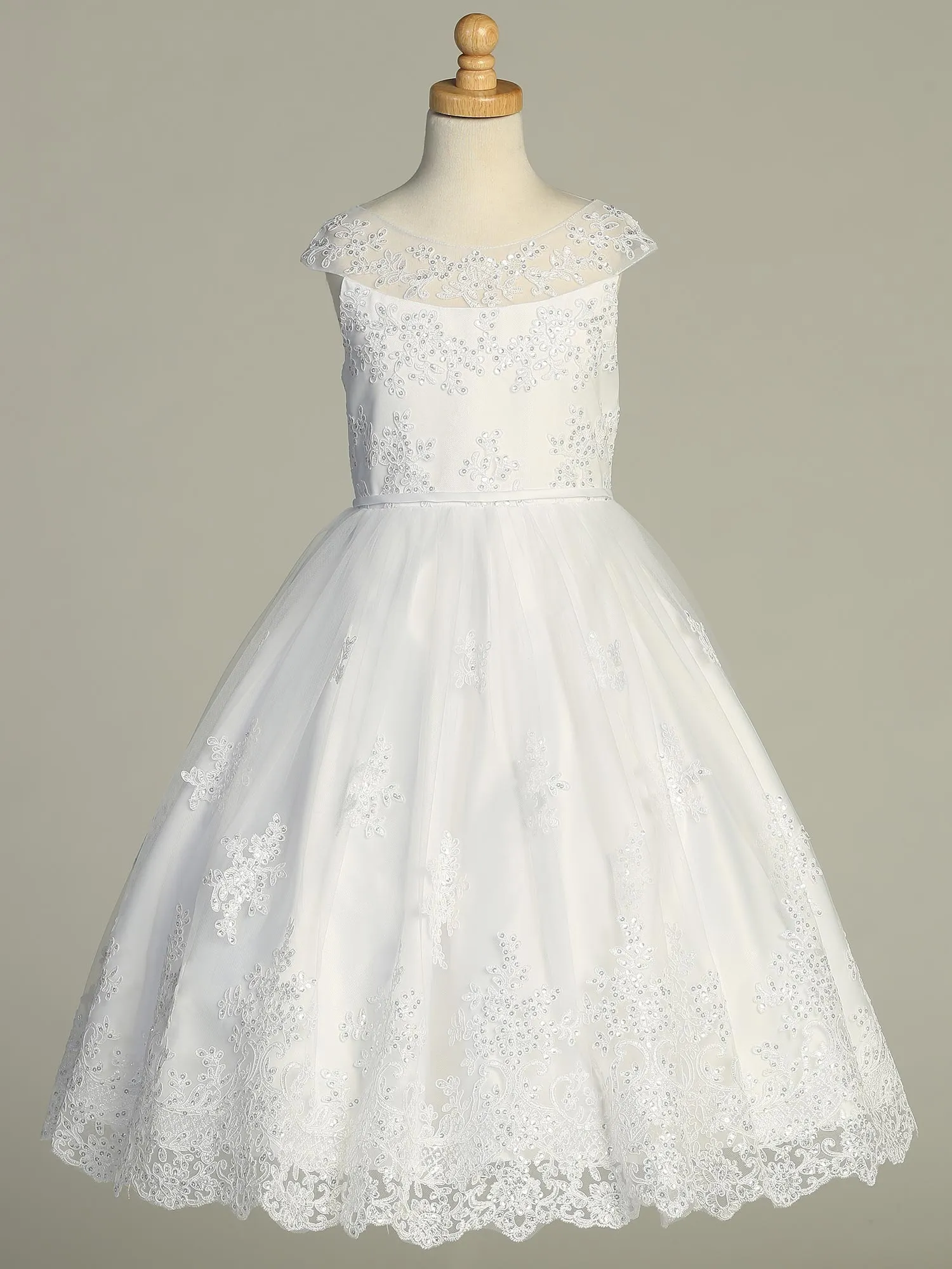 Girls White First Communion Dress w/ Embroidered Tulle & Sequins (725)