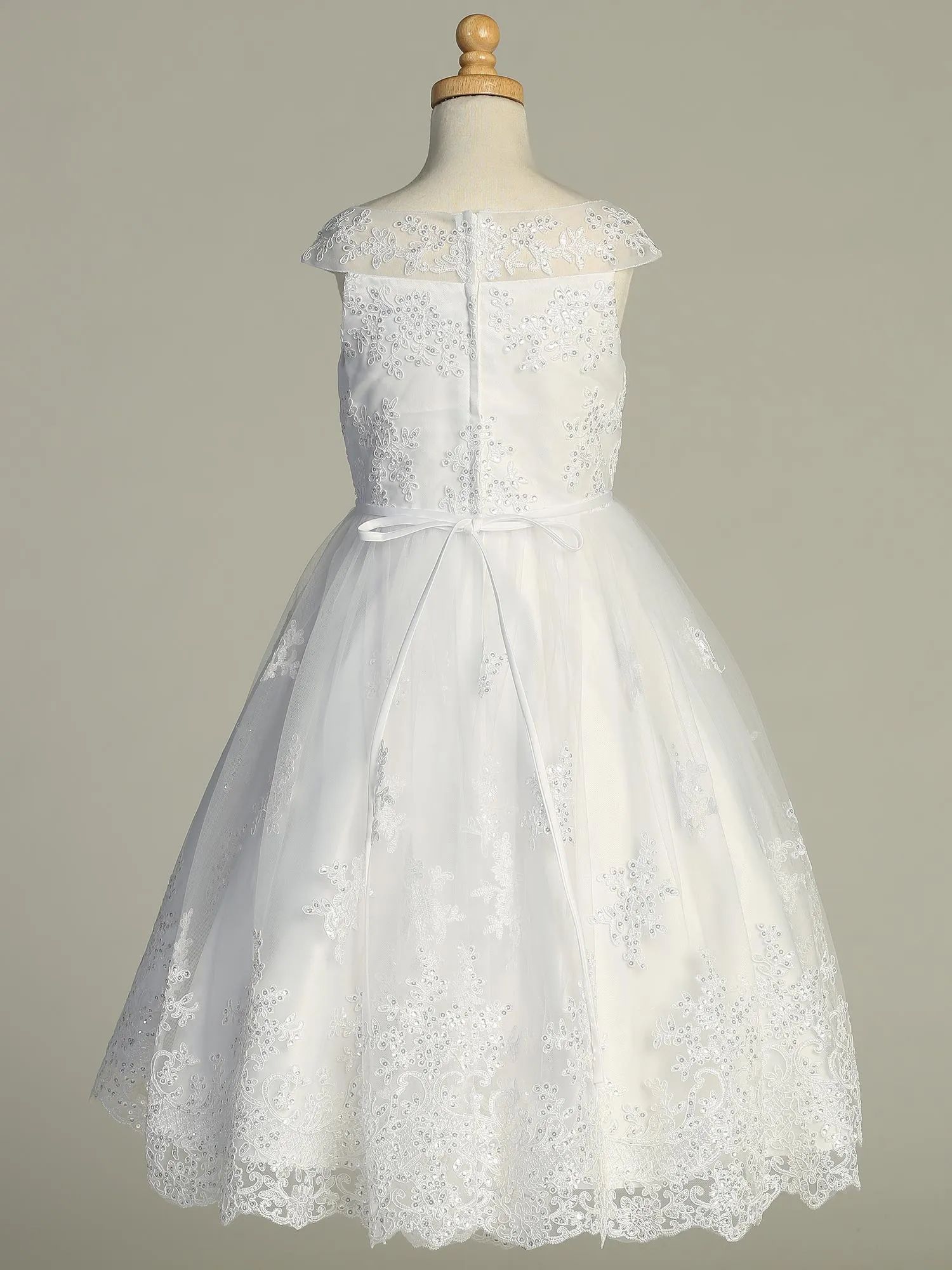 Girls White First Communion Dress w/ Embroidered Tulle & Sequins (725)