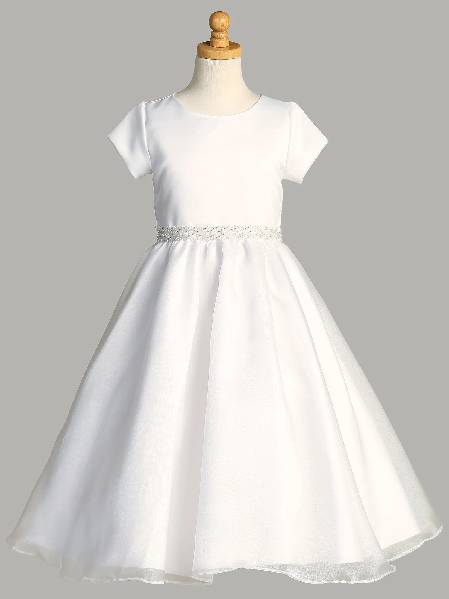 Girls White First Communion Dress w/ Satin Bodice & Crystal Organza Skirt (200)