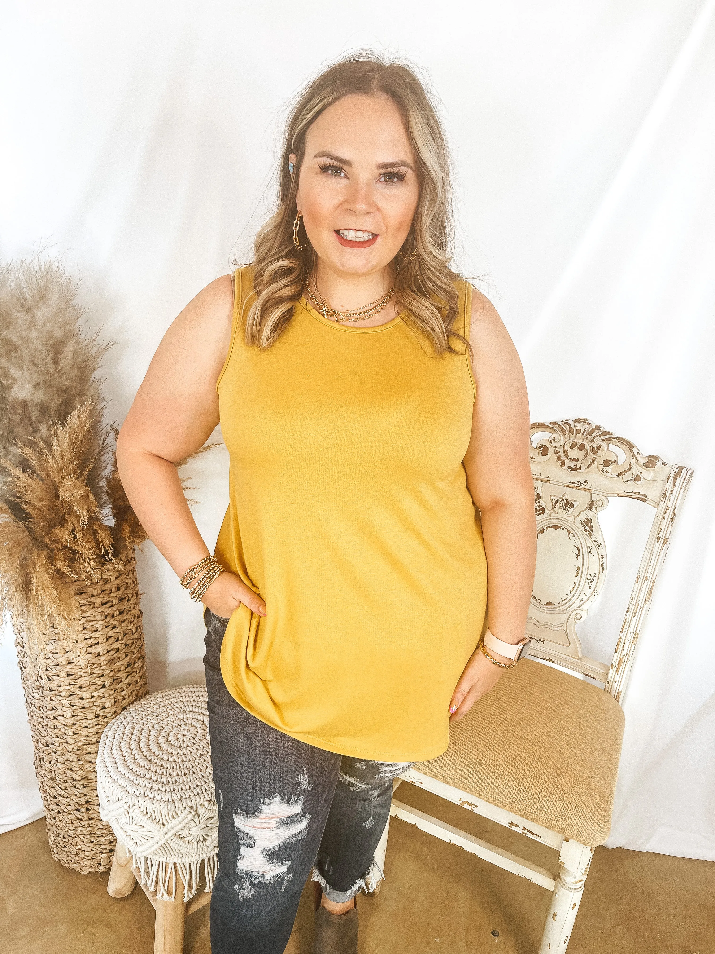 Give Me Joy Solid Knit A-Line Tank Top in Mustard Yellow