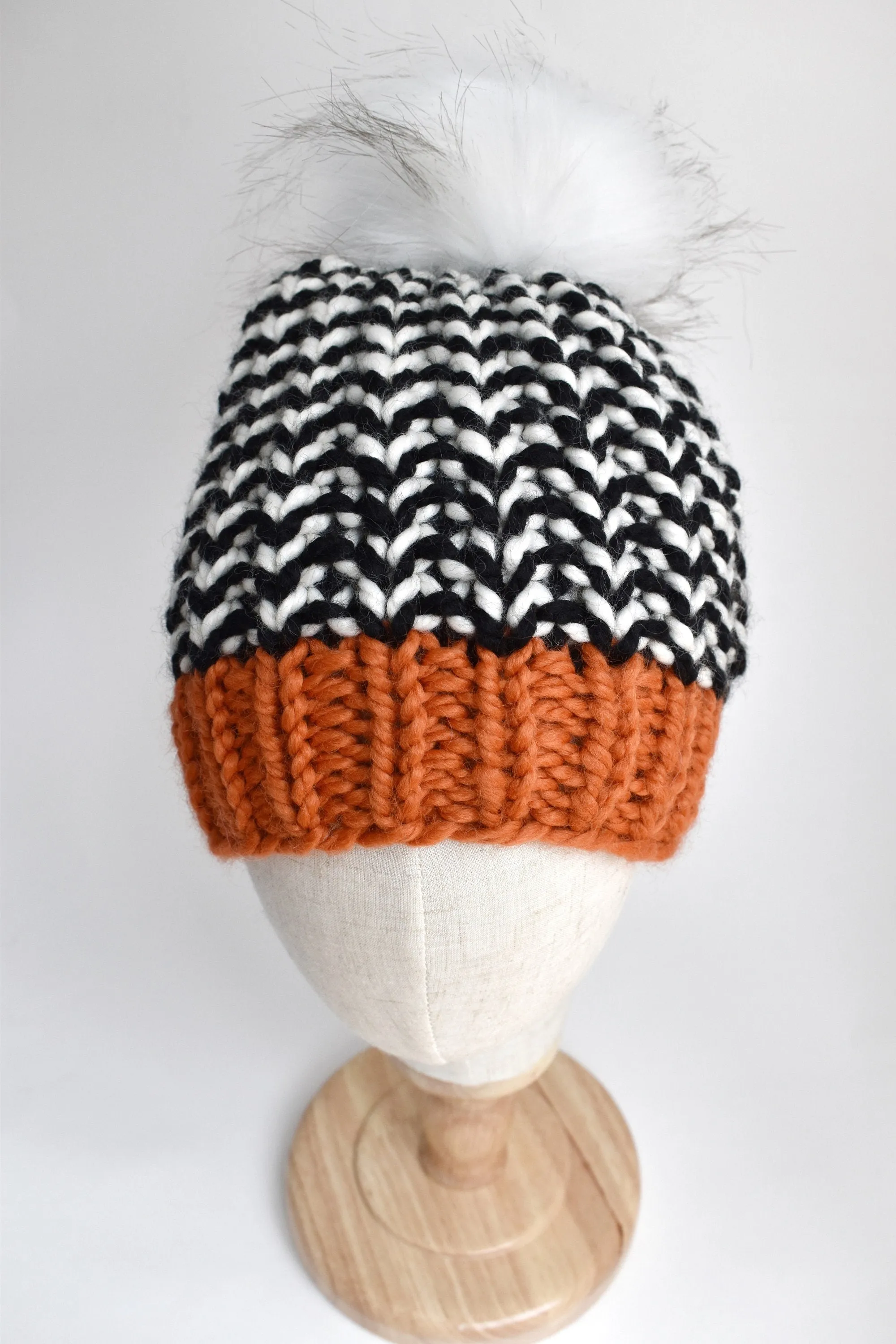 Go Bears Orange and Black Team Color Knit Hat with Faux Fur Pom Pom