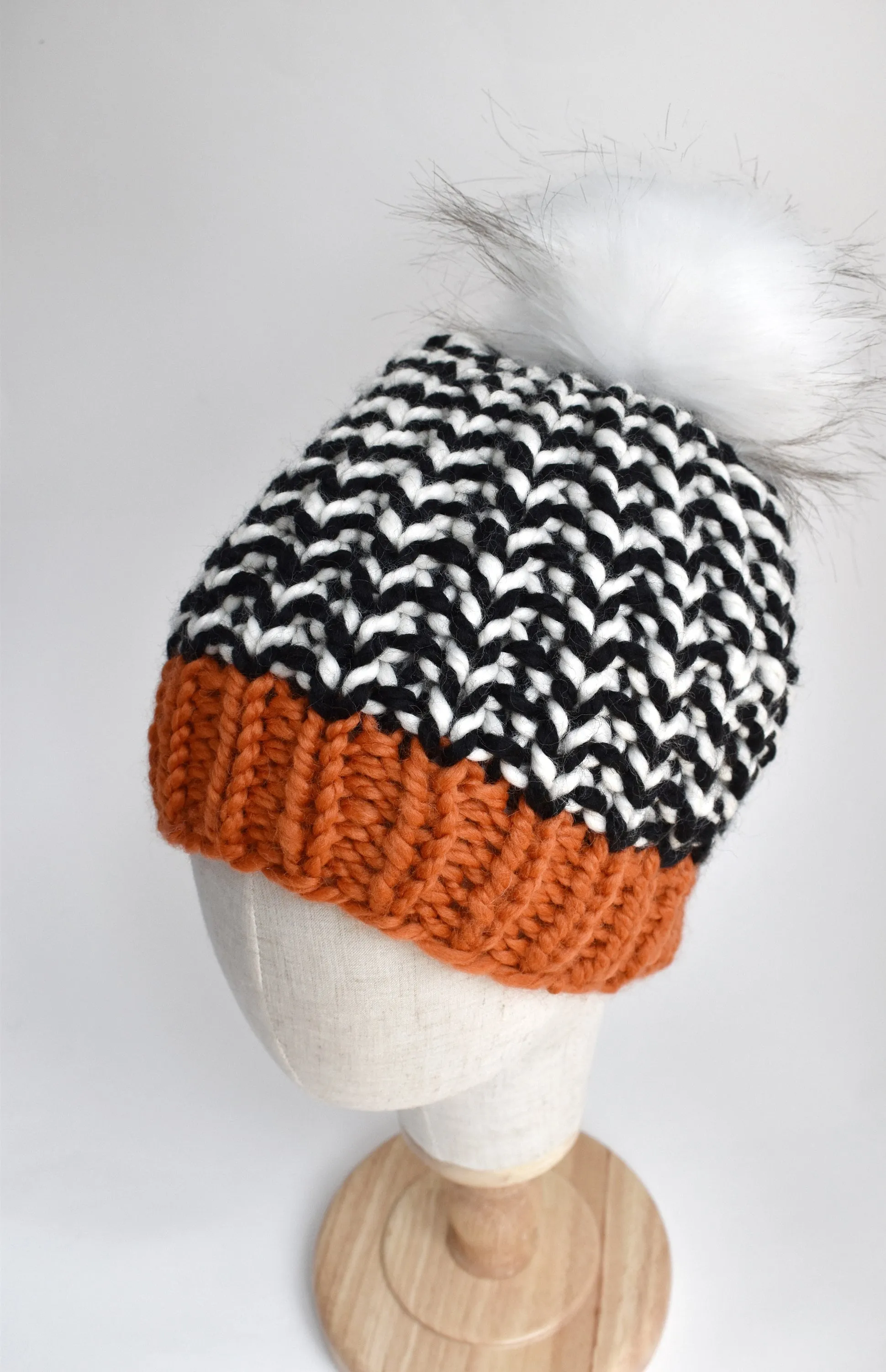 Go Bears Orange and Black Team Color Knit Hat with Faux Fur Pom Pom