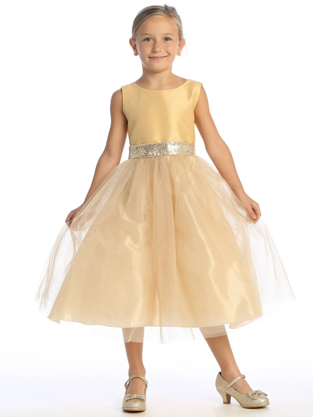 Gold Flower Girl Dress w/ shantung & sparkle tulle with sequins