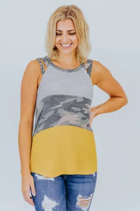 Gotta Get Up Color Block Tank Top Stripe Camo in Mustard