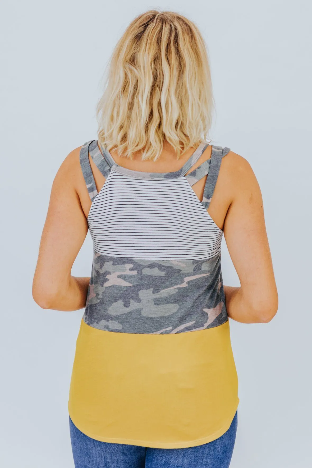 Gotta Get Up Color Block Tank Top Stripe Camo in Mustard