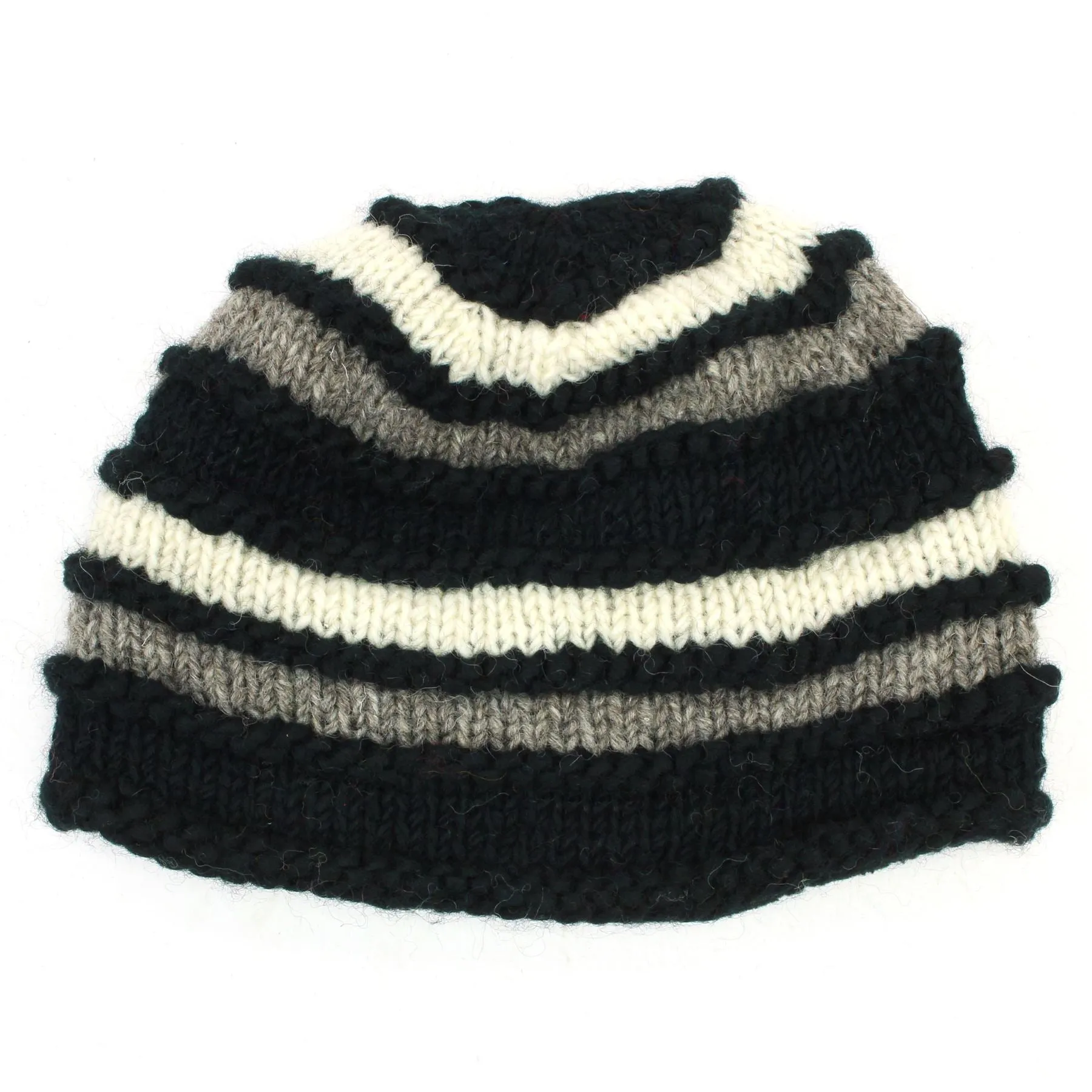 Hand Knitted Wool Beanie Hat - Stripe Black Cream