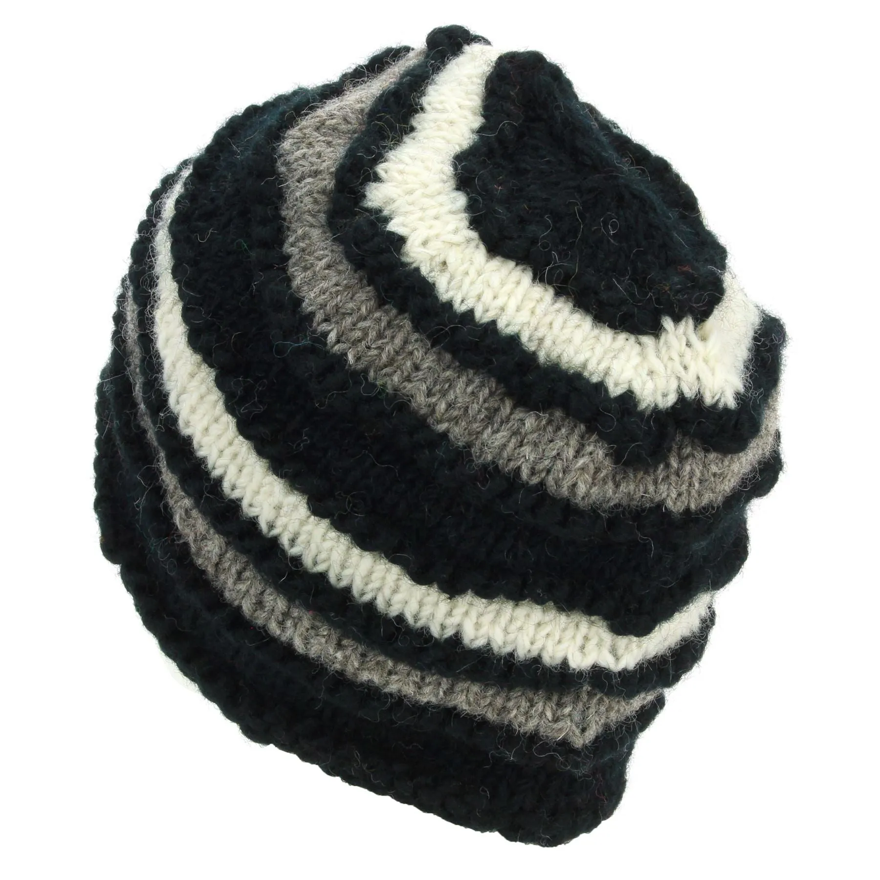 Hand Knitted Wool Beanie Hat - Stripe Black Cream