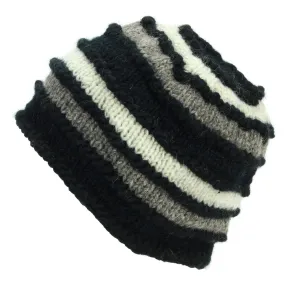 Hand Knitted Wool Beanie Hat - Stripe Black Cream