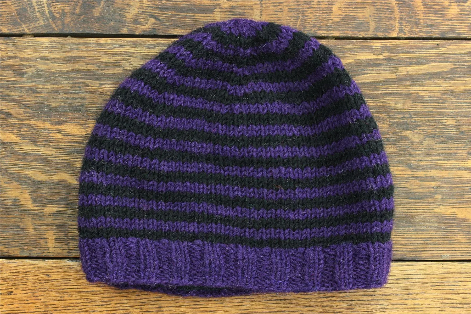 Hand Knitted Wool Beanie Hat - Stripe Purple Black