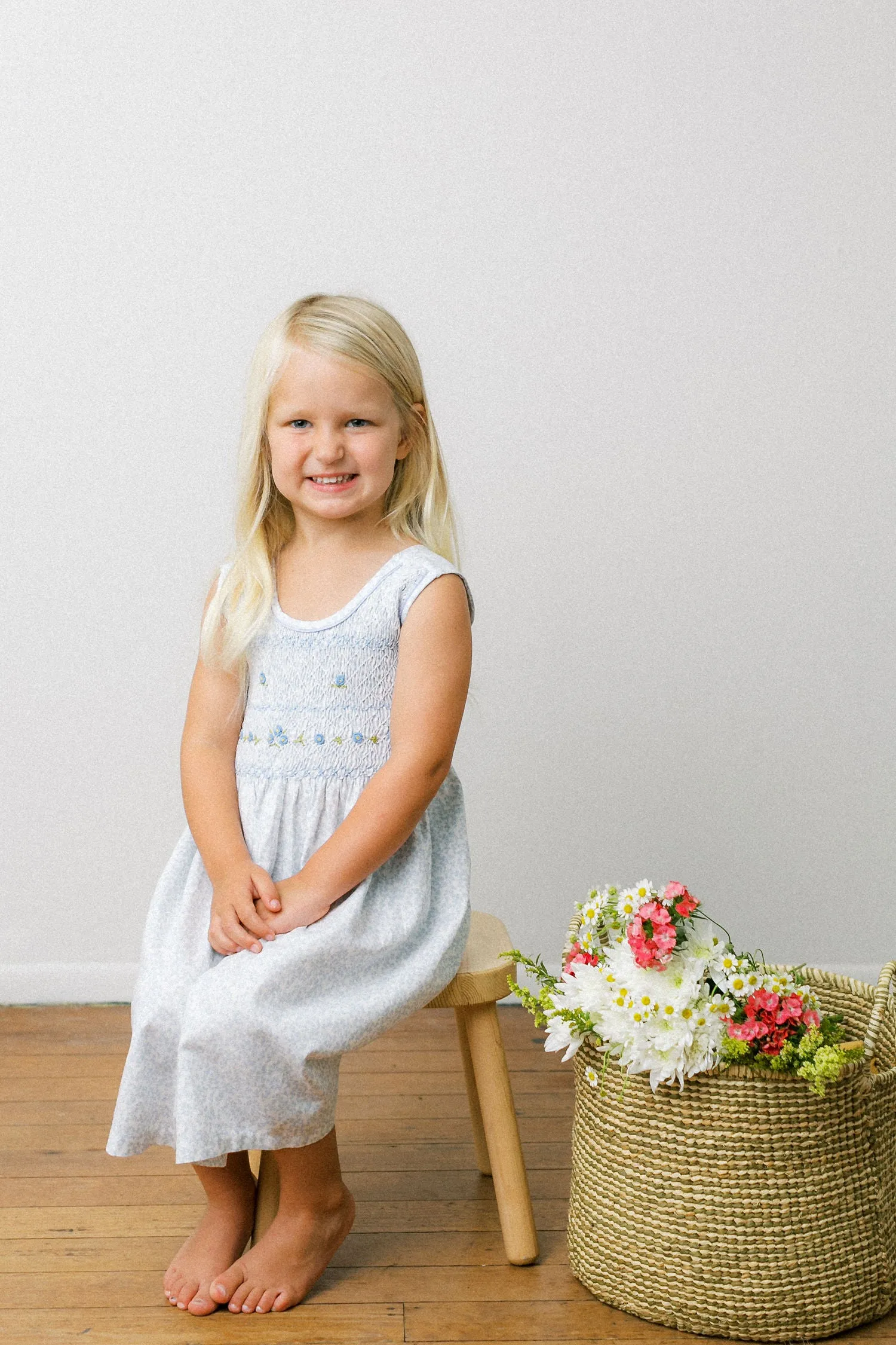 Hand-Smocked Dress, Blue Ice Floral