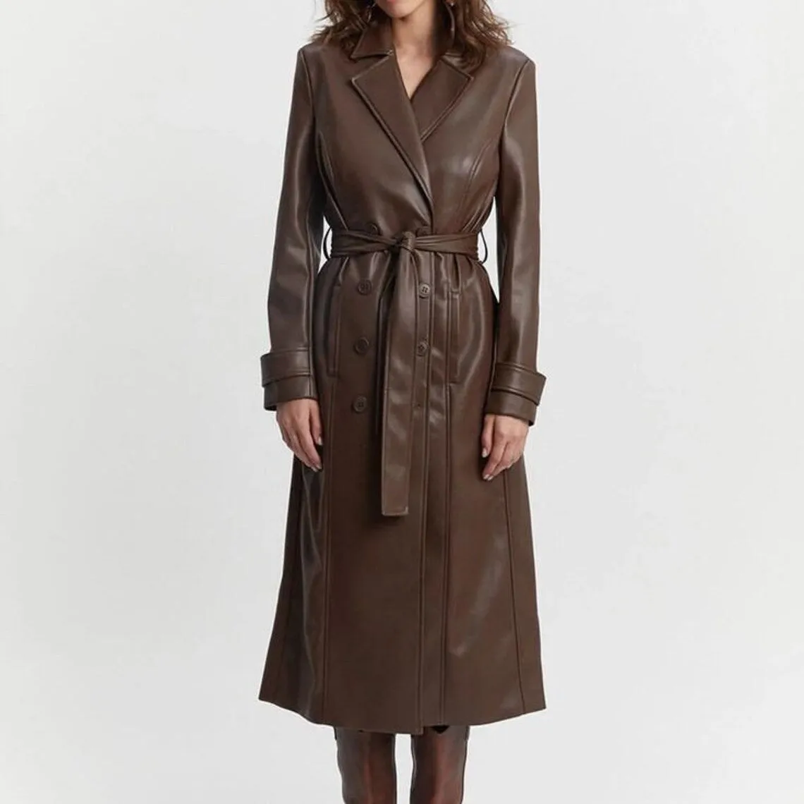 Handmade Brown Leather Trench Coat with belt