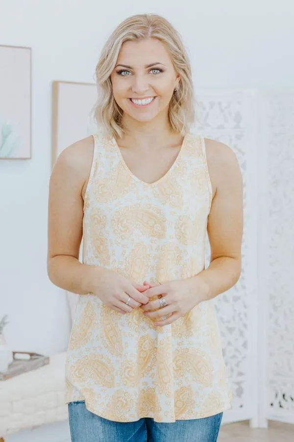 Heading To The Pool Paisley V Neck Sleeveless Tank Top in Mustard