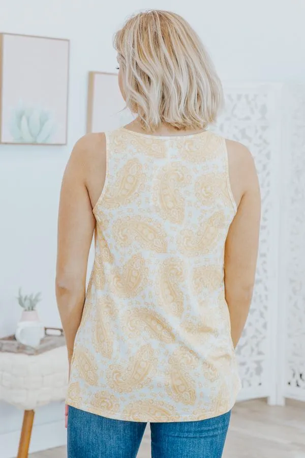 Heading To The Pool Paisley V Neck Sleeveless Tank Top in Mustard