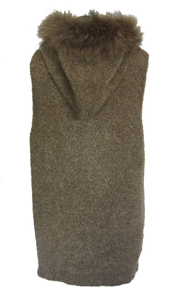 Hooded, knitted, Sleeveless Top, Raccoon Fur Trim