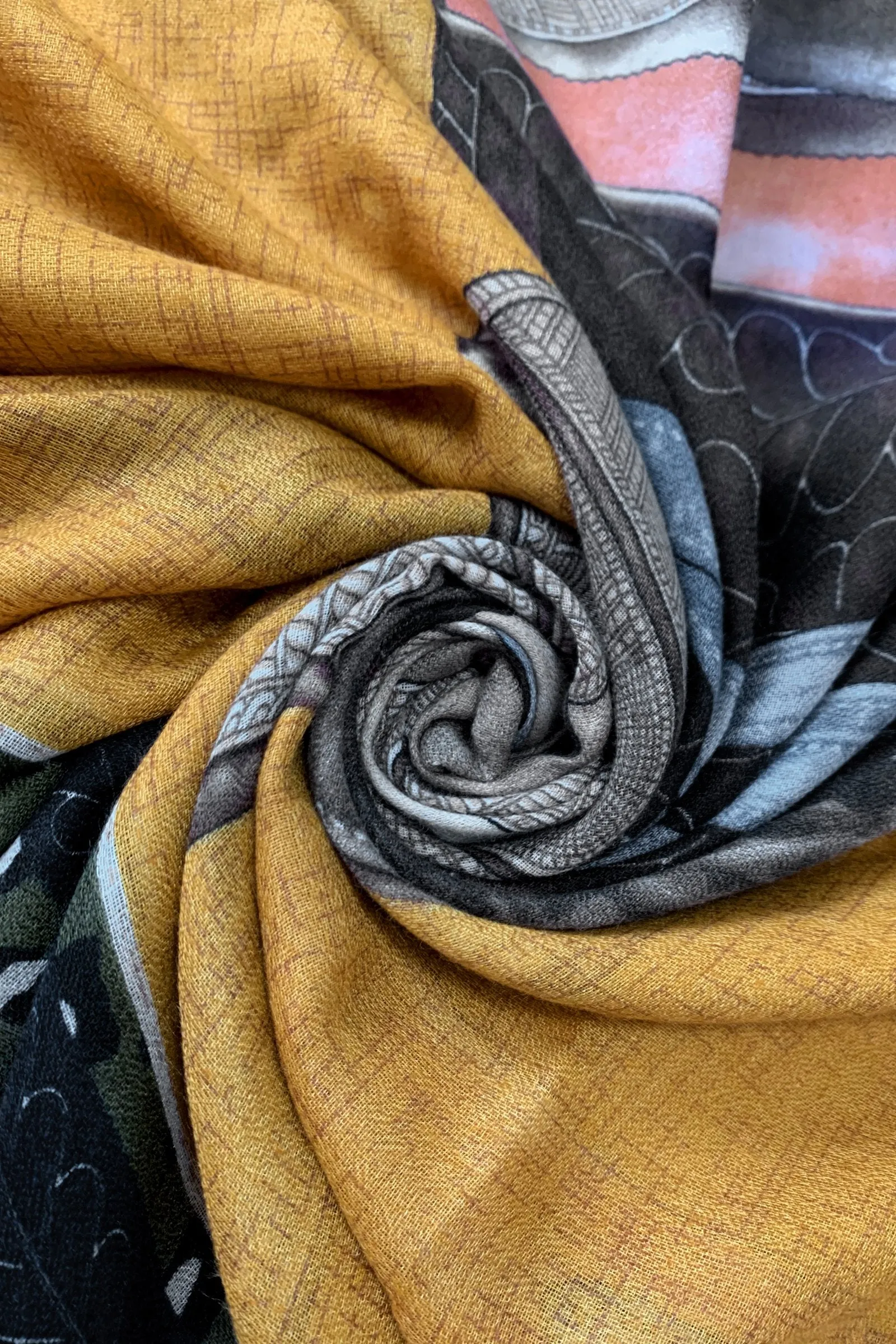 Horse Saddle Print Scarf with Leopard Border -Mustard