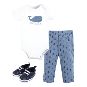 Hudson Baby Cotton Bodysuit, Pant and Shoe Set, Whaley Cute Anchor