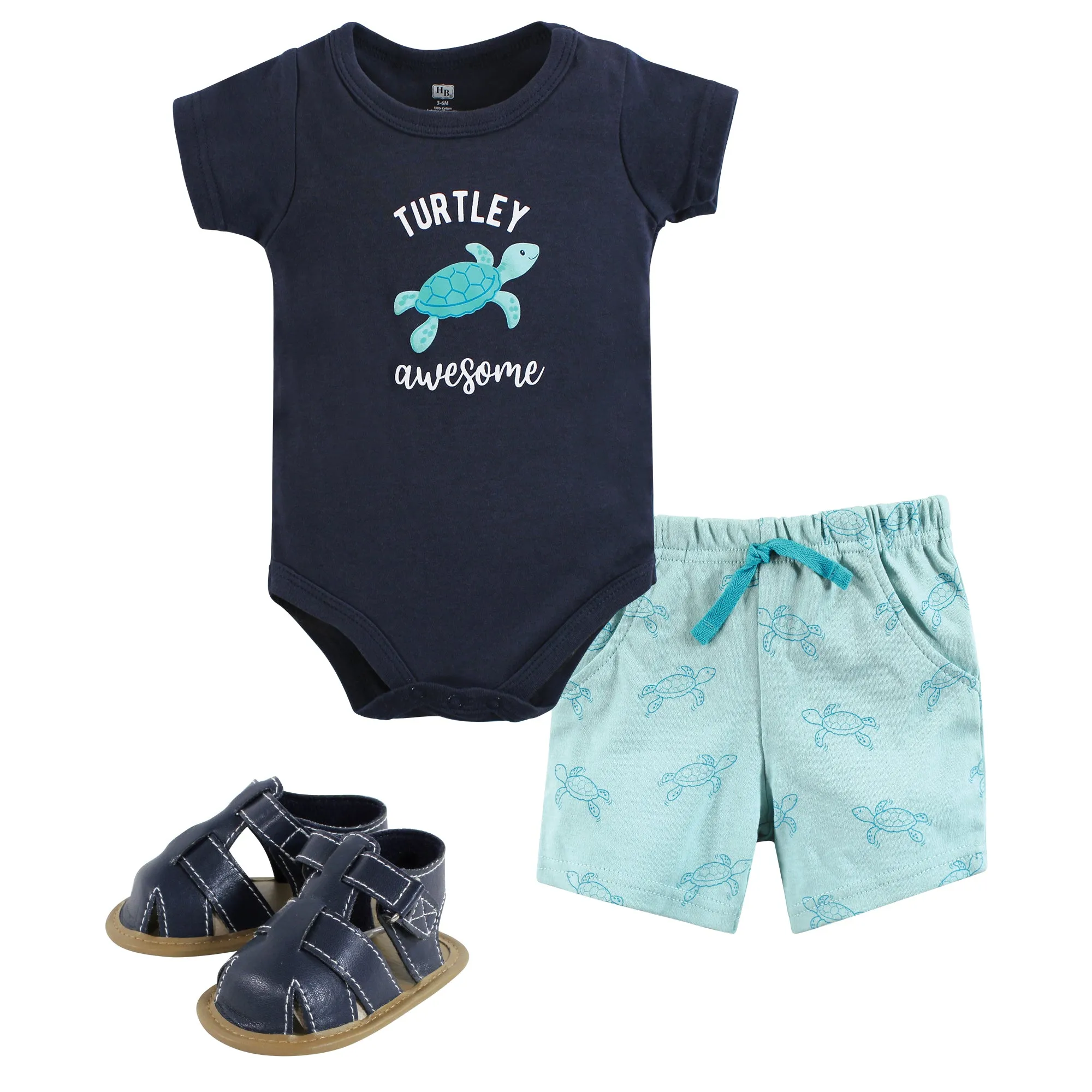 Hudson Baby Cotton Bodysuit, Shorts and Shoe Set, Sea Turtle