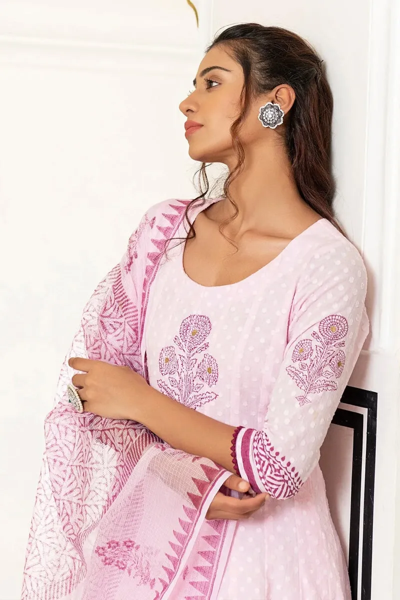 Inayat Light Pink Handblock Printed Flared Kurta With Pant & Dupatta