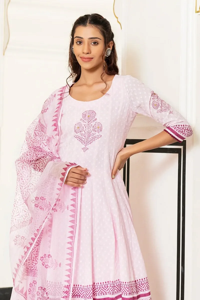 Inayat Light Pink Handblock Printed Flared Kurta With Pant & Dupatta