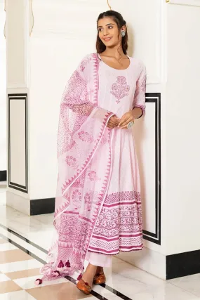 Inayat Light Pink Handblock Printed Flared Kurta With Pant & Dupatta