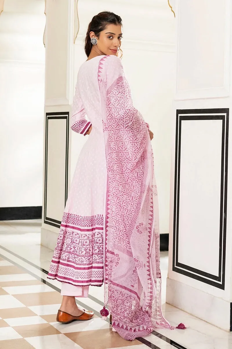 Inayat Light Pink Handblock Printed Flared Kurta With Pant & Dupatta