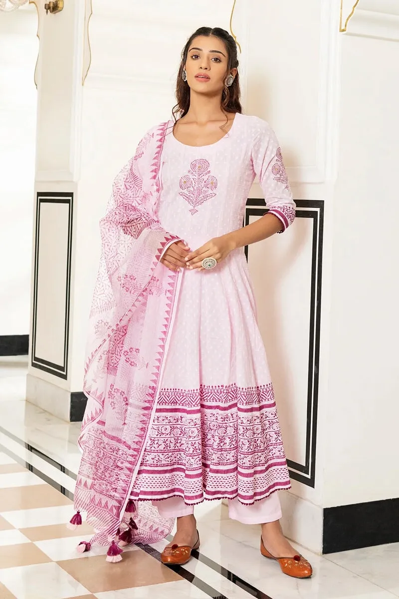 Inayat Light Pink Handblock Printed Flared Kurta With Pant & Dupatta