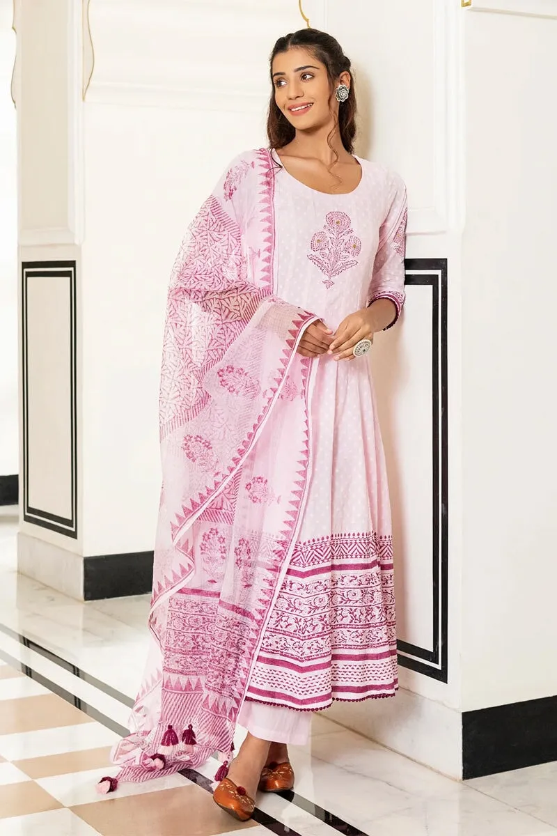 Inayat Light Pink Handblock Printed Flared Kurta With Pant & Dupatta