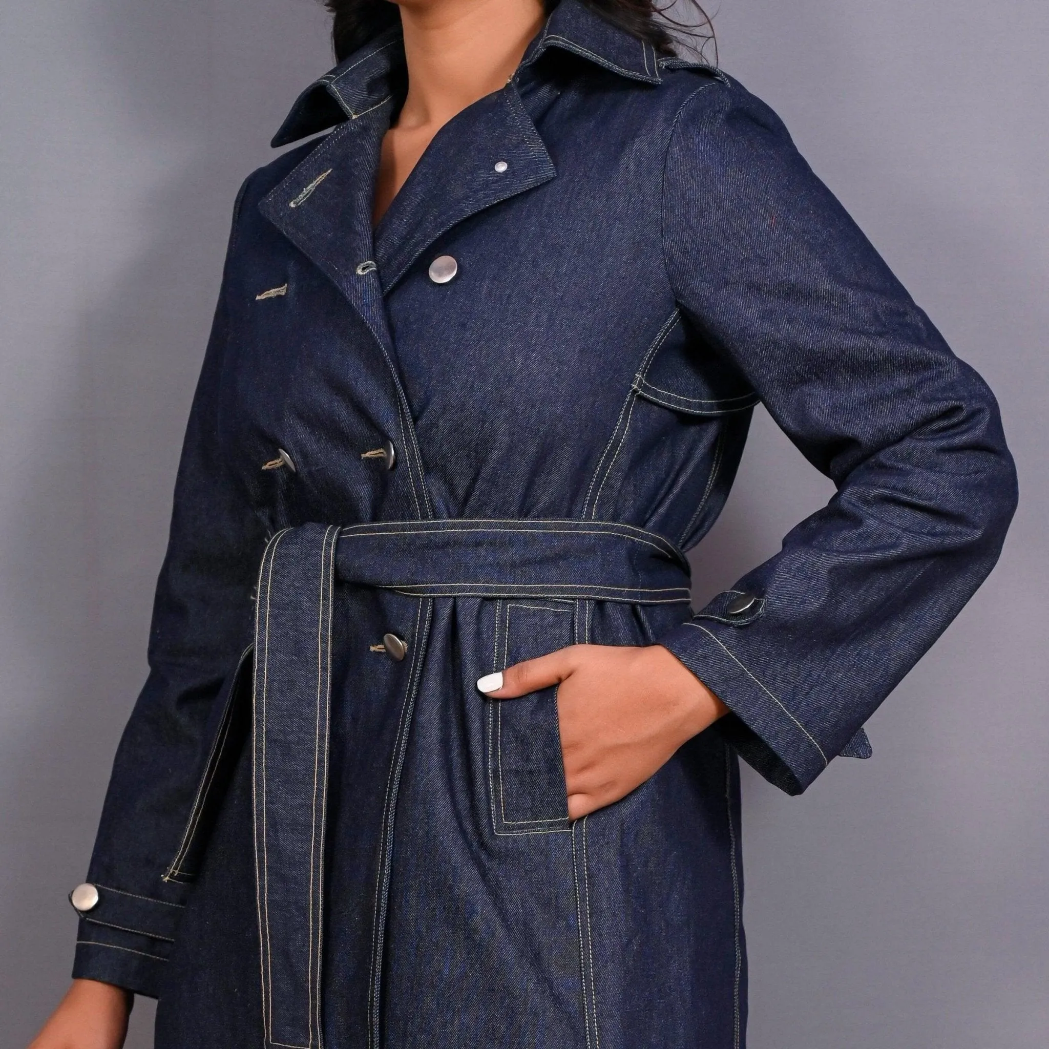 Indigo 100% Cotton Denim Double-Breasted Trench Coat