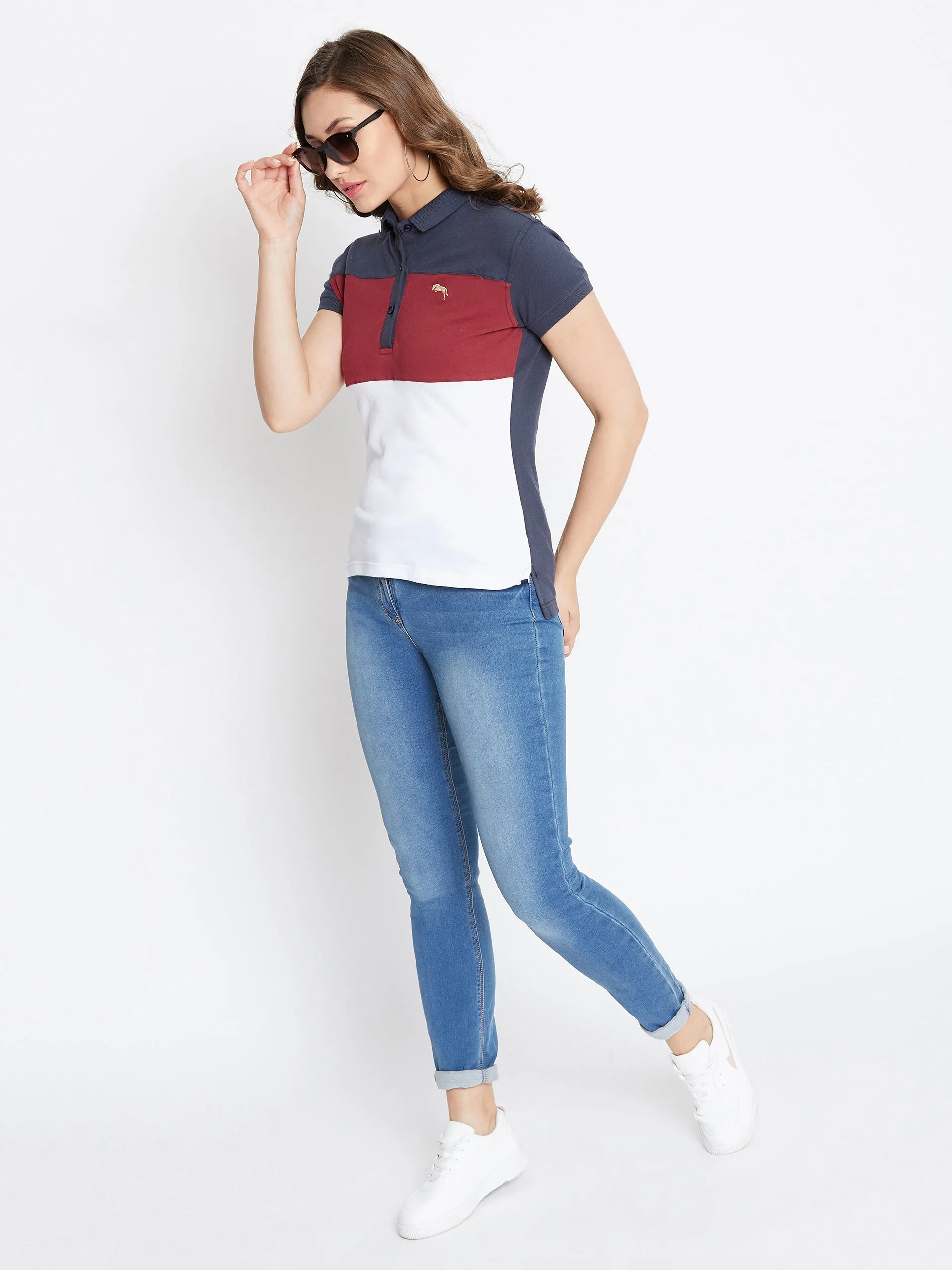 JUMP USA Women Navy Blue And Red Colour blocked PoloT-Shirts