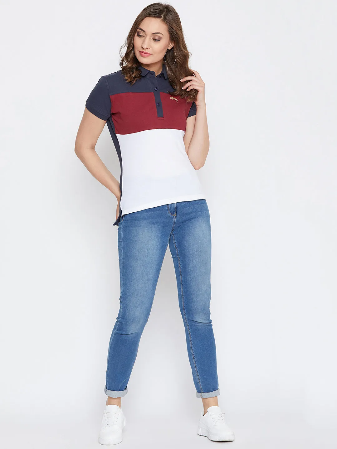 JUMP USA Women Navy Blue And Red Colour blocked PoloT-Shirts