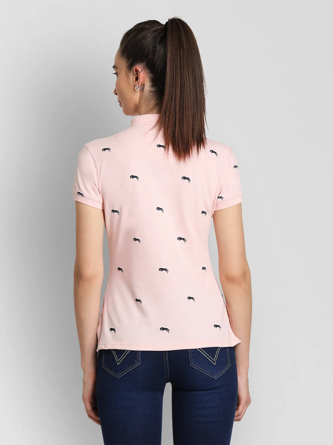 JUMP USA Women Pink & Navy Blue Printed Polo Collar T-Shirt