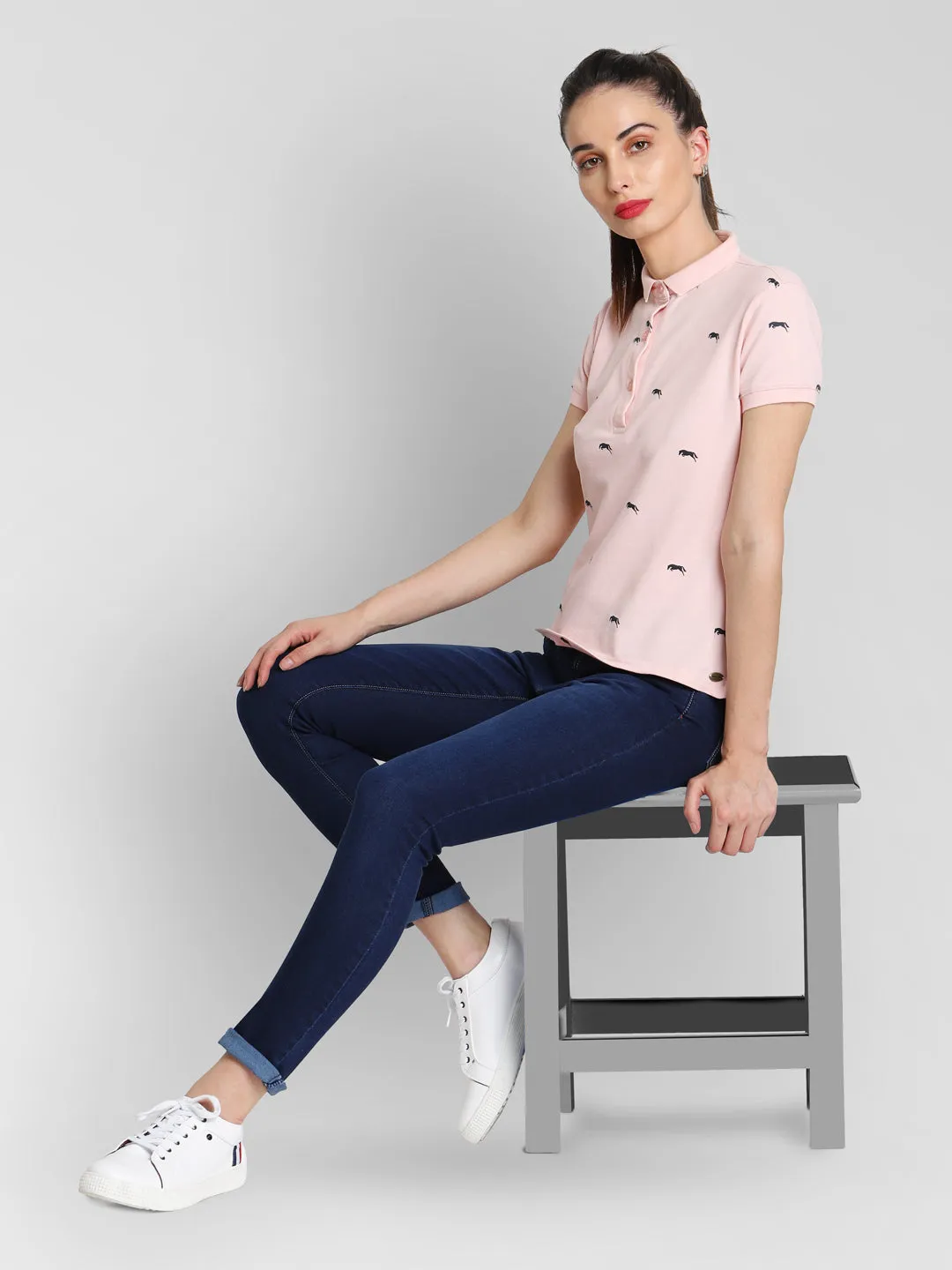 JUMP USA Women Pink & Navy Blue Printed Polo Collar T-Shirt