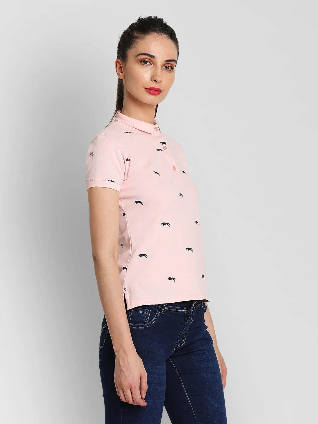 JUMP USA Women Pink & Navy Blue Printed Polo Collar T-Shirt