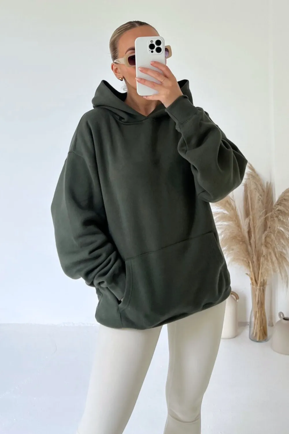 Khaki oversized kangaroo pocket hoodie premium essentials